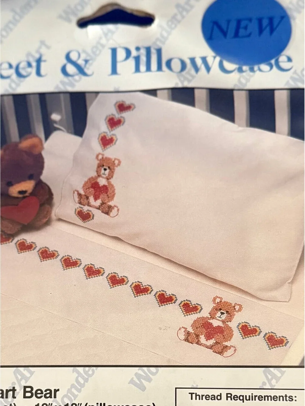 WonderArt Sweetheart Bear Sheet and Pillowcase Cross-Stitch Kit
